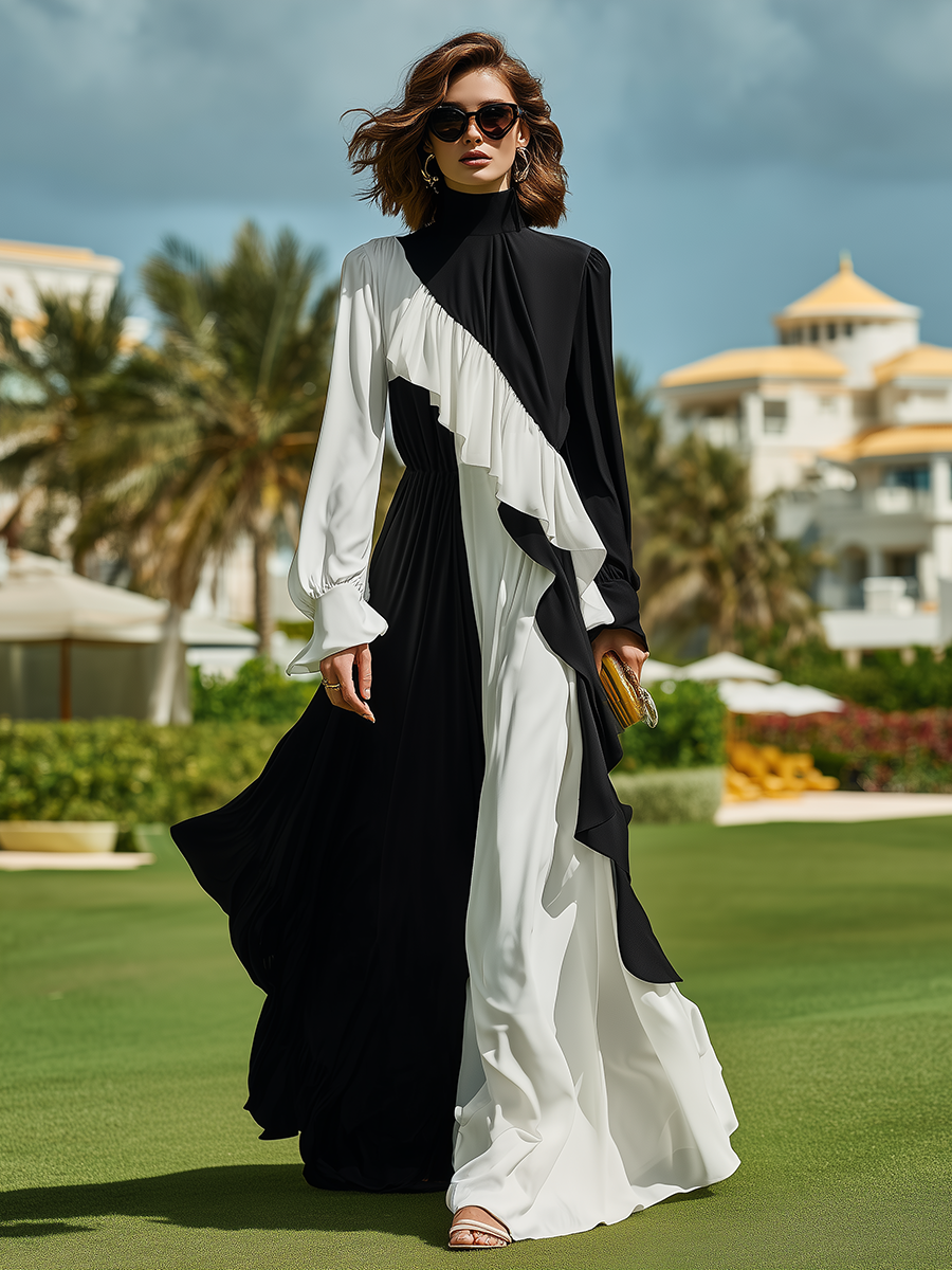 Vacation-style Black And White Patchwork Long-sleeved Maxi Dress