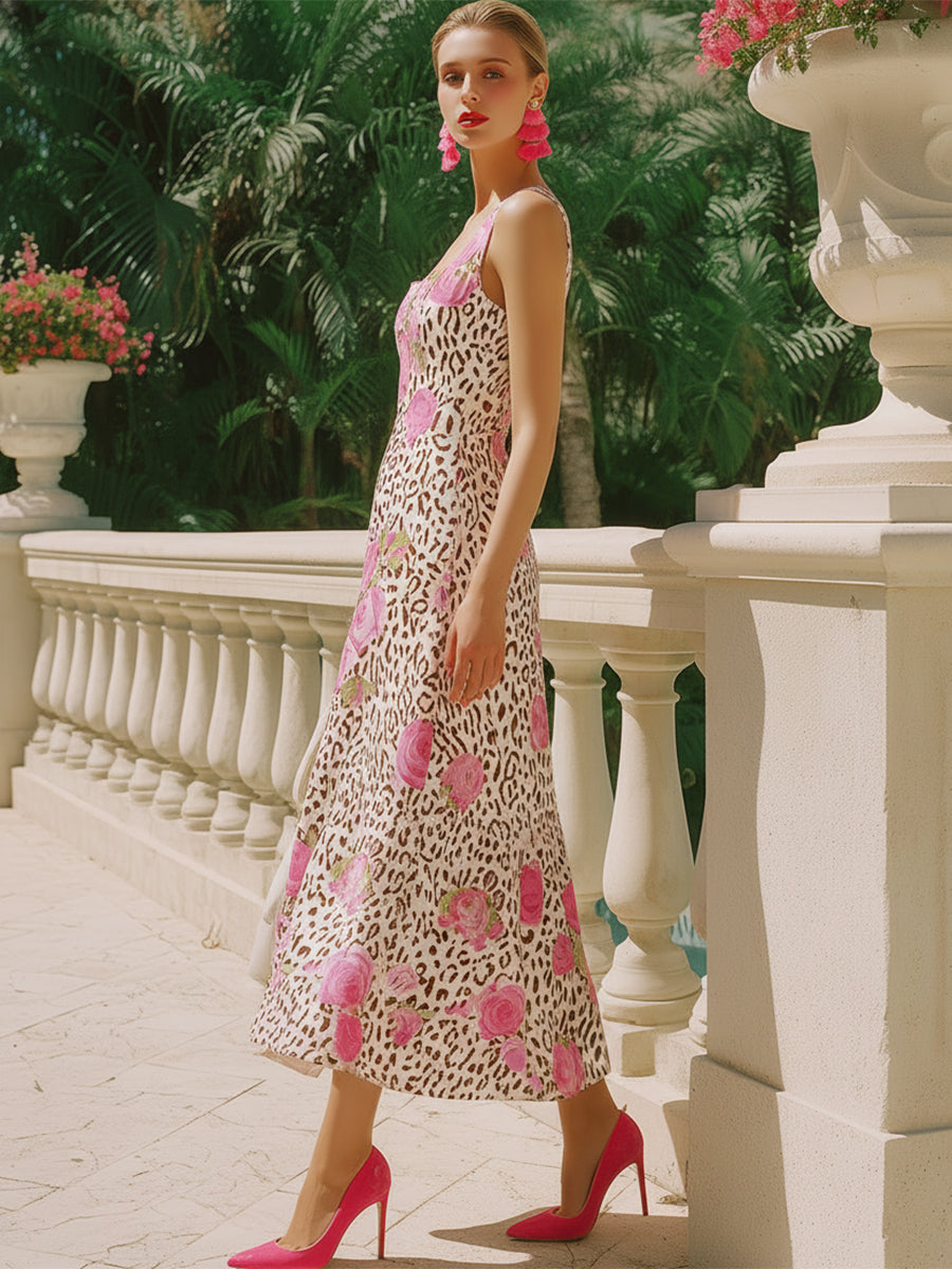 Fashionable Leopard Print Rose Satin Print Square Neck Sleeveless Midi Dress