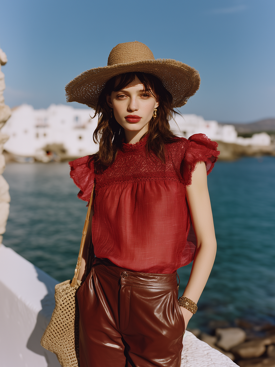 Elegant And Romantic Cotton Lace Neckline Red Top