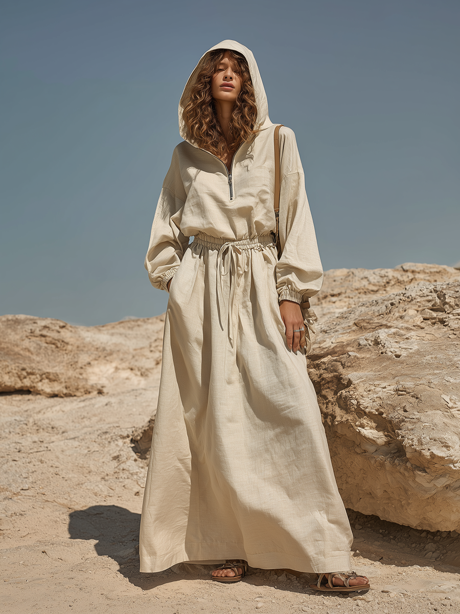 Vacation-style Cotton And Linen Hooded Long-sleeved Maxi Dress
