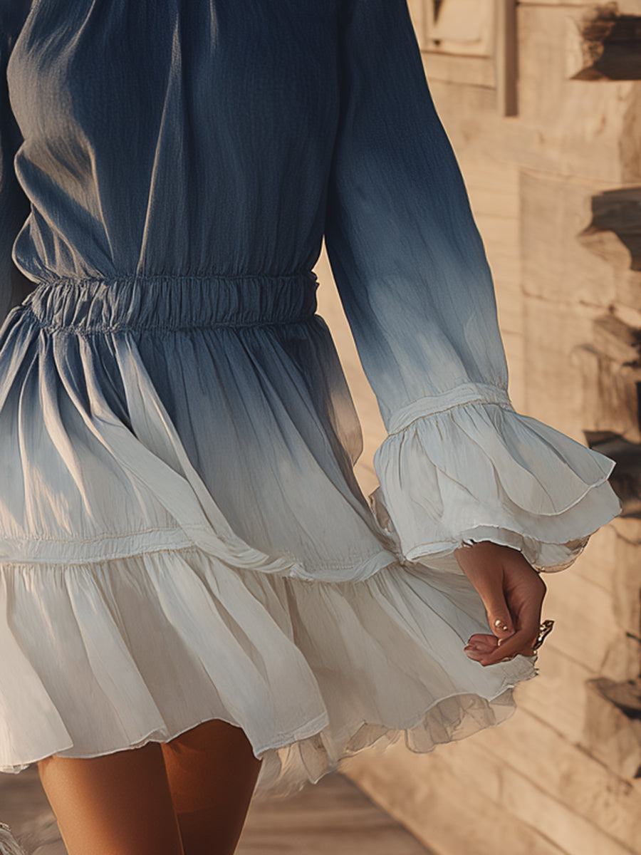 Fashionable Vacation Gradient Blue Chiffon Ruffled Long-sleeved Mini Dress
