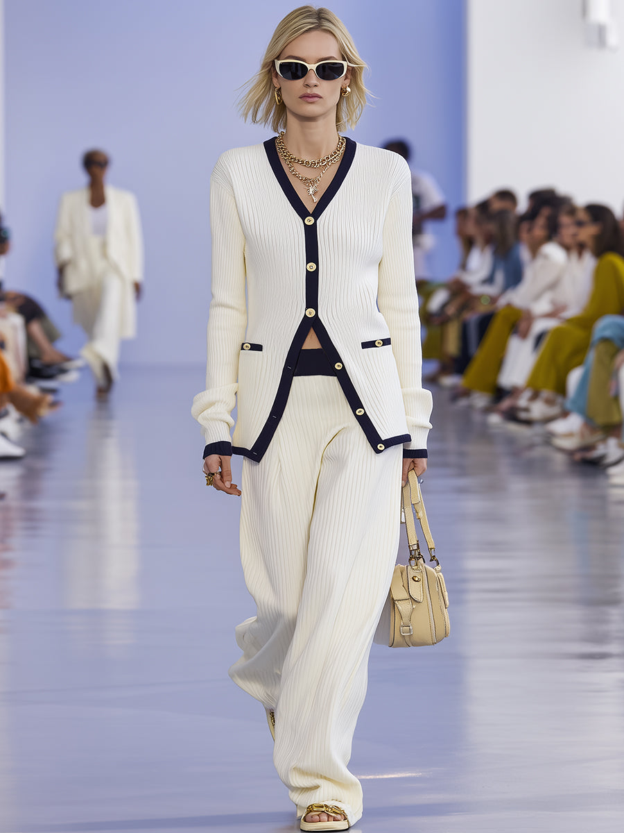 Elegant Nautical Style Navy Blue Trim Off-white Knitted Cardigan And Trousers Set