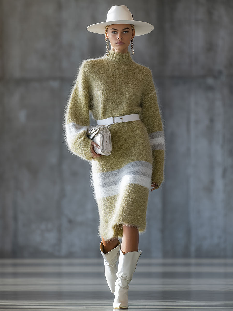 Fashionable Loose Retro Contrast Long Wool Knitted High Collar Mid-Length Dress