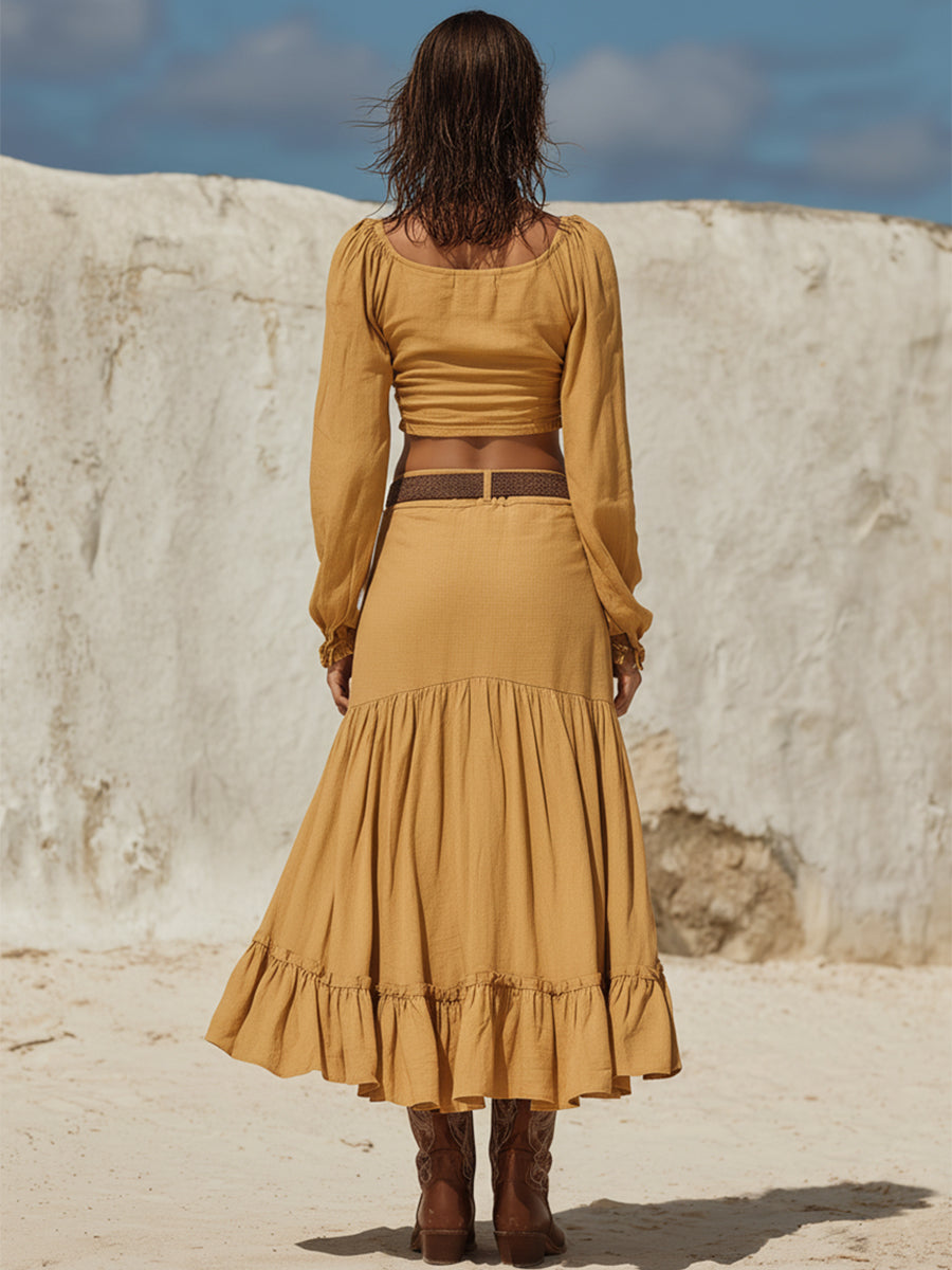 Stylish Ginger Yellow Cotton And Linen Square Neck Top And Ruffled Skirt Set