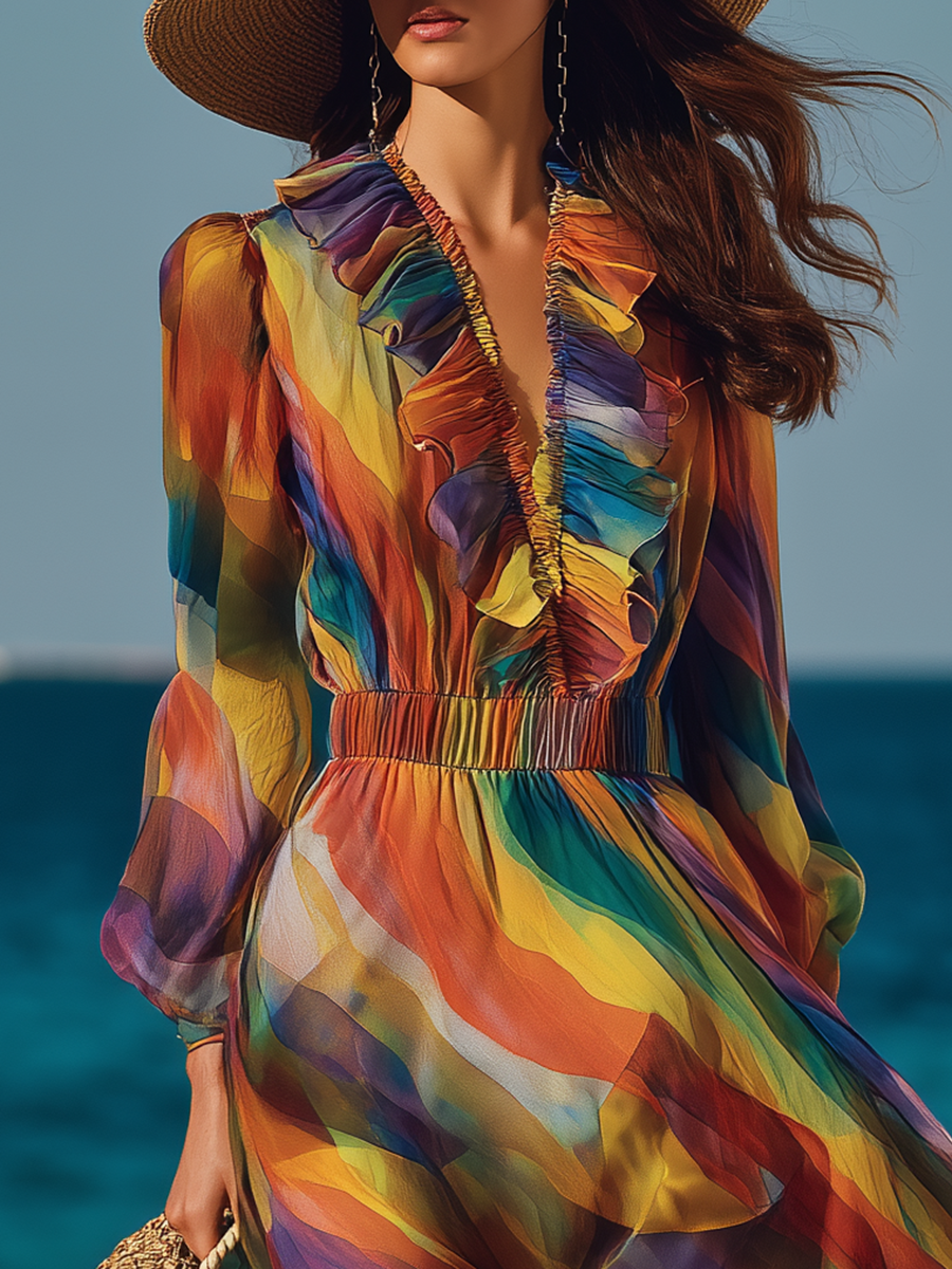 Romantic Vacation Style Rainbow Print V-neck Ruffled Chiffon Maxi Dress
