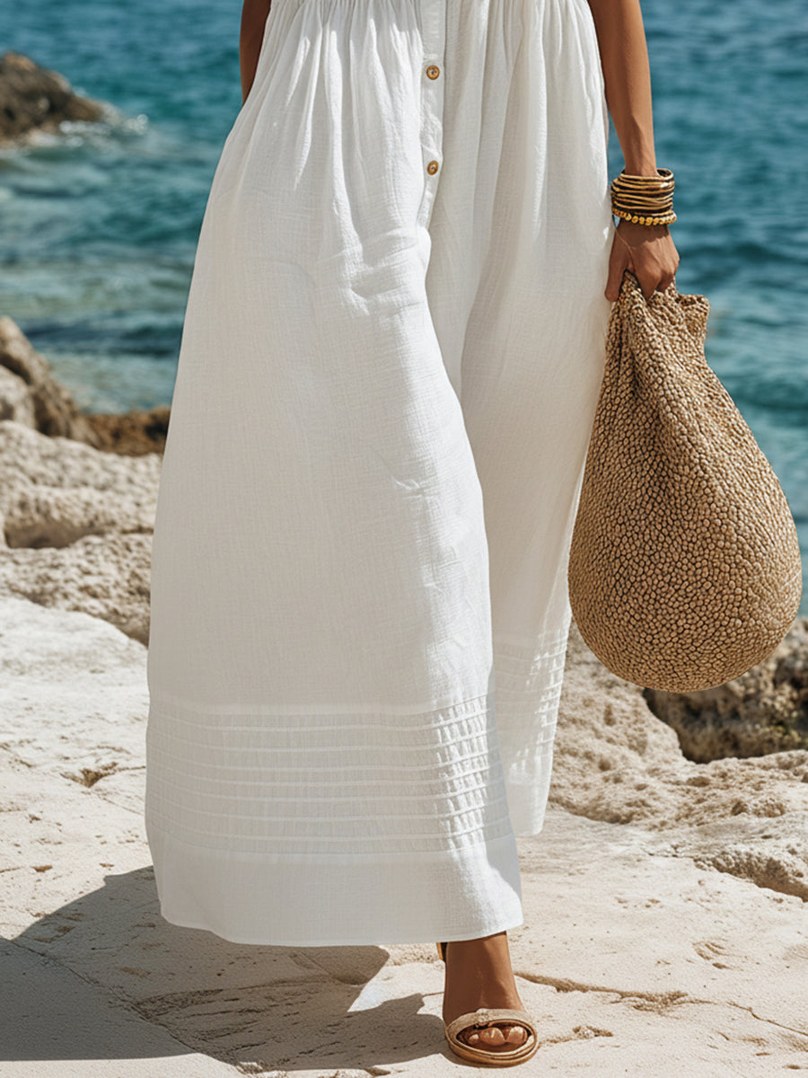 Beach Vacation White Cotton Linen Sleeveless Maxi Dress