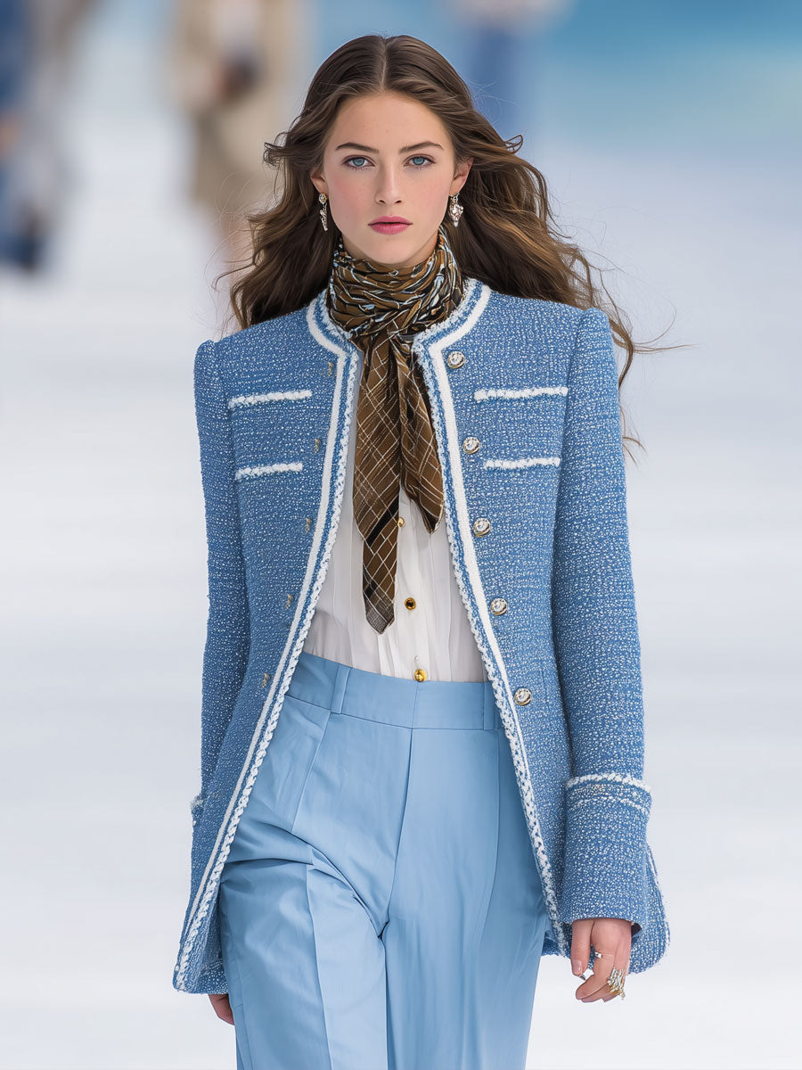 Vintage Elegant Web-Trimmed Light Blue Tweed Blazer