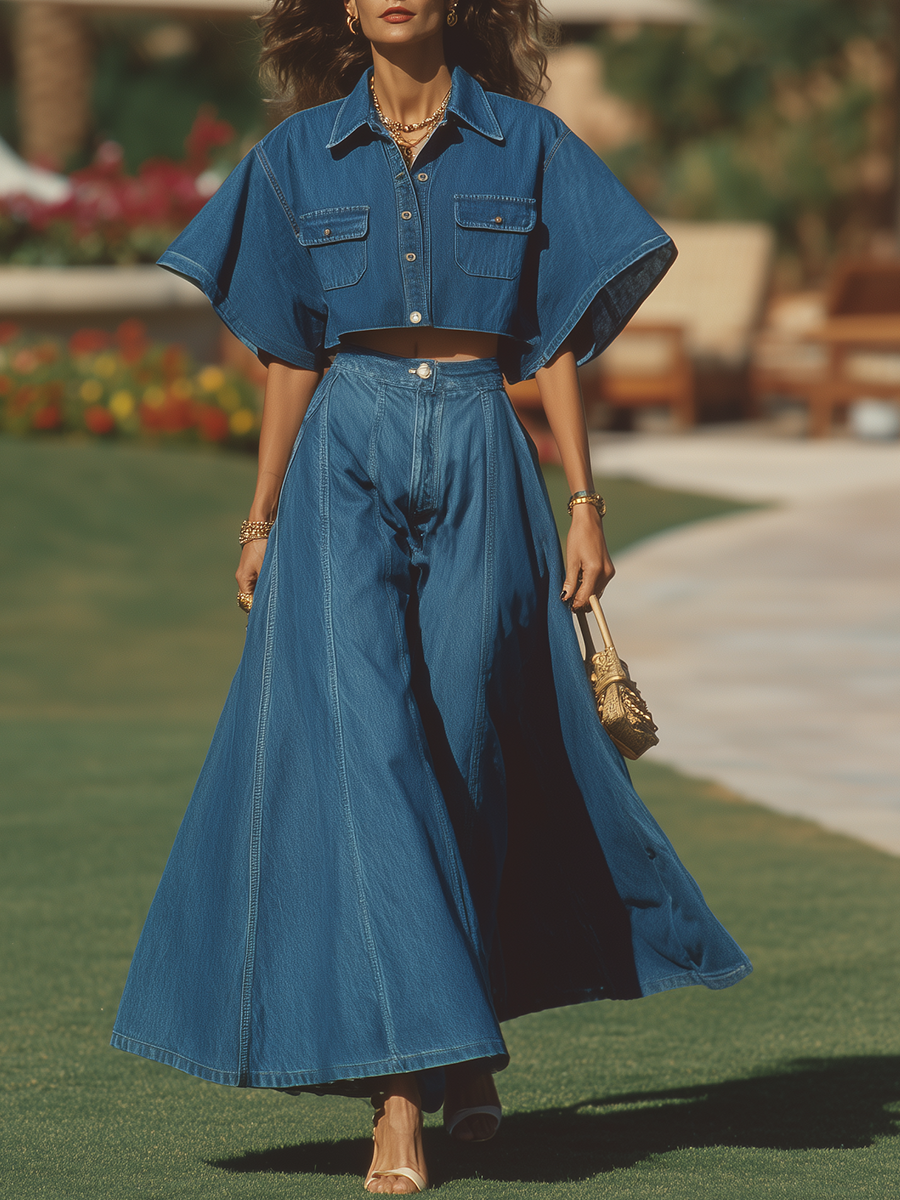 Vacation-style Denim Long-sleeved Top And Skirt Set