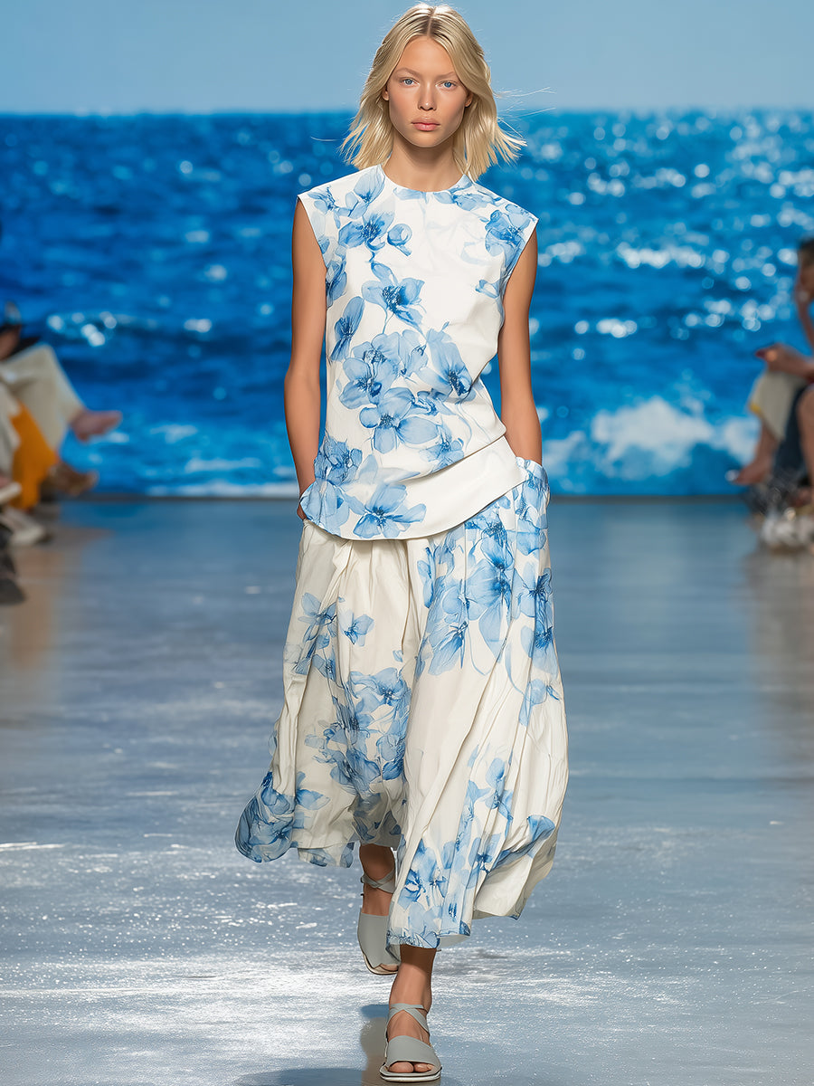 Simple And Elegant White Orchid Floral Print Satin Sleeveless Top And Wide-leg Pants Set