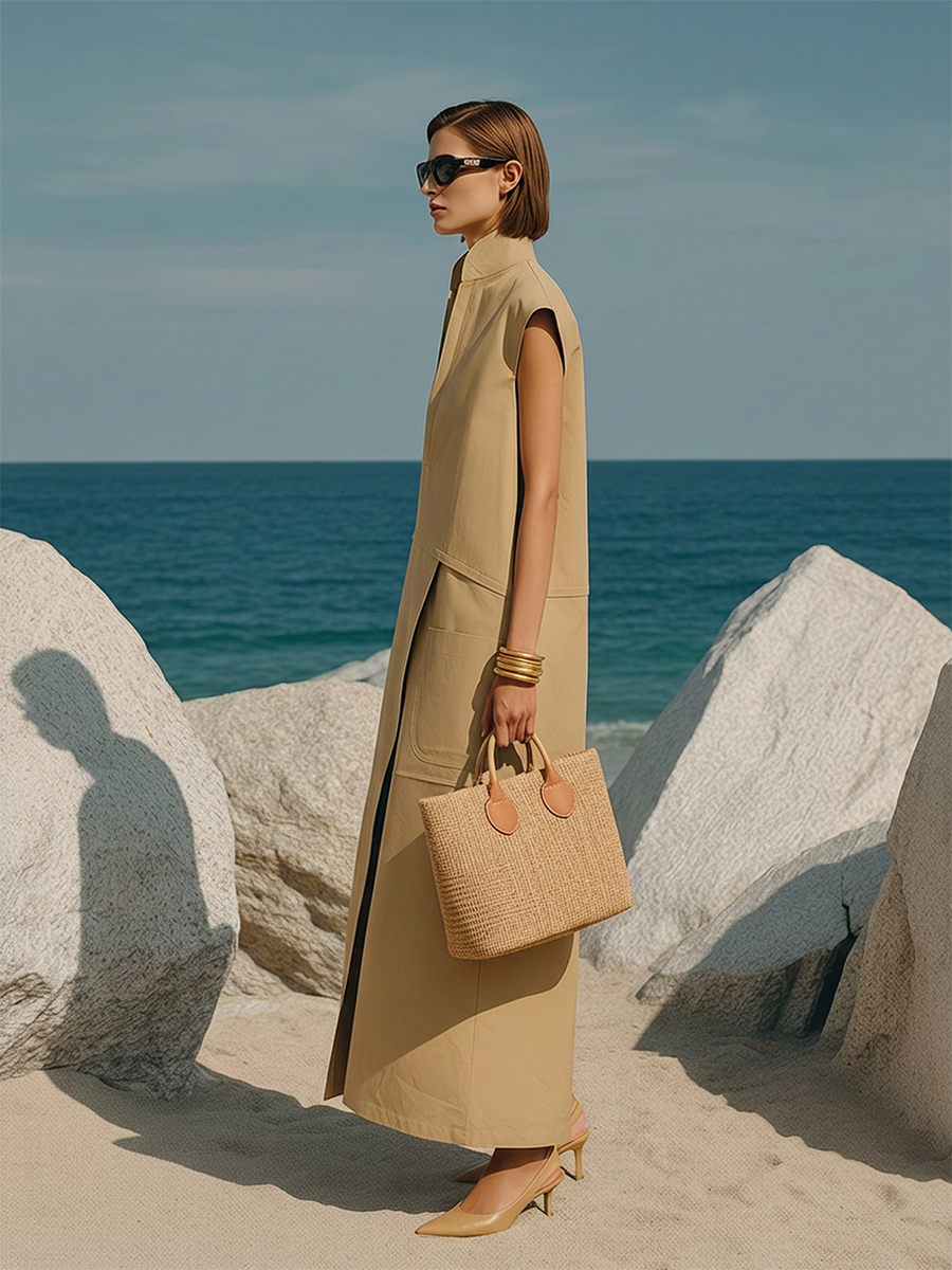 High-end Chic Sleeveless Light Khaki Maxi Dress