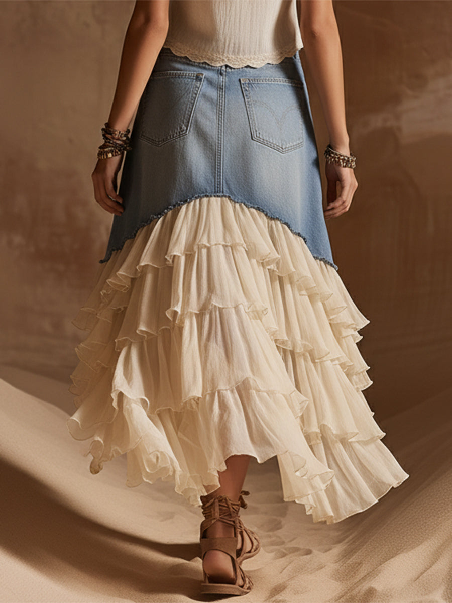Bohemian Denim Patchwork Chiffon Ruffled Hem Asymmetrical Skirt