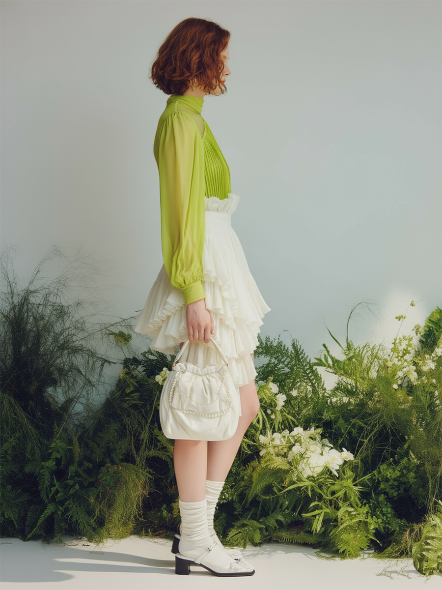 Vacation-style Green Long-sleeved Top And White Skirt Set