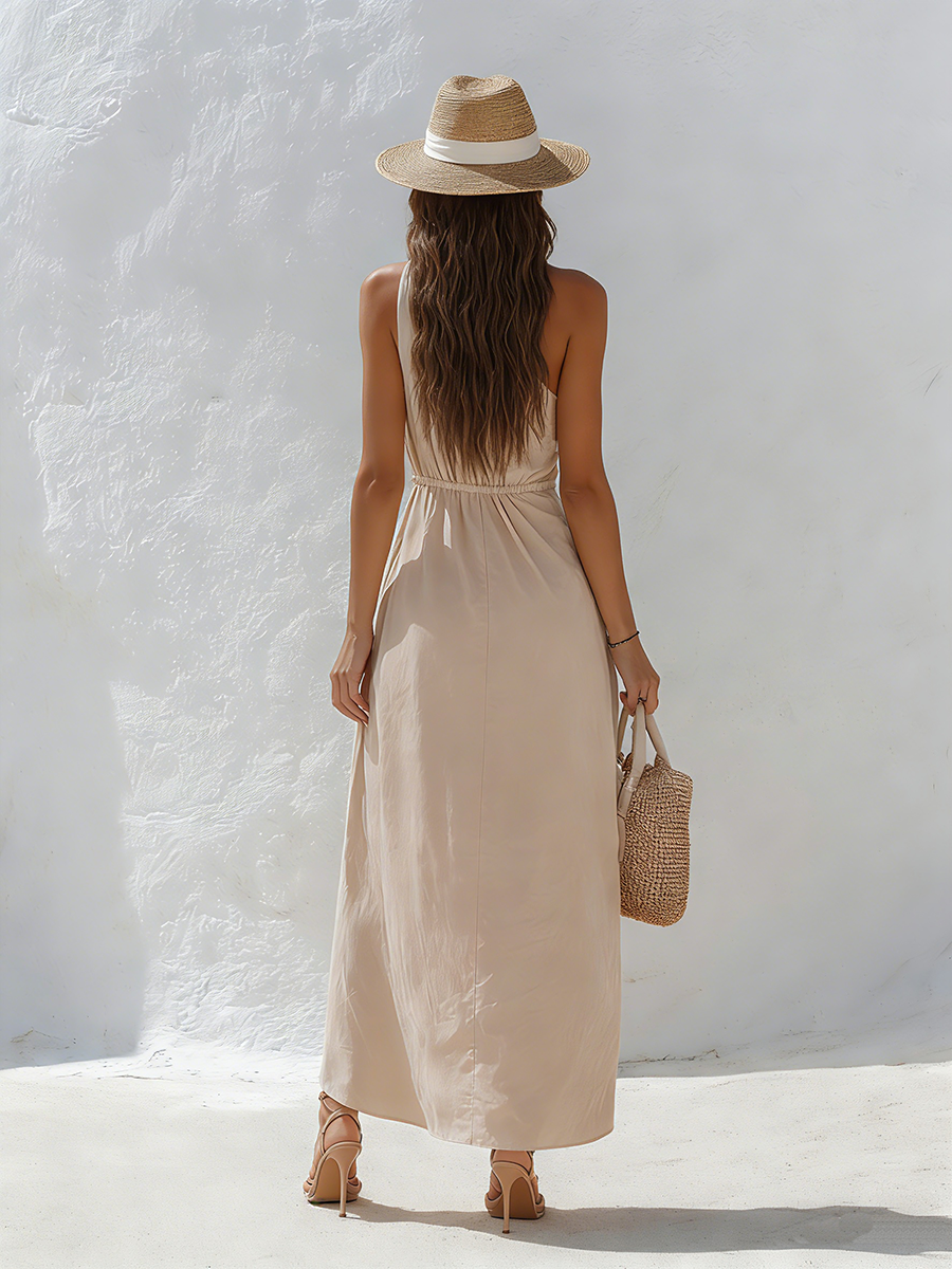 Resort-style Beige Off-shoulder Slit Maxi Dress