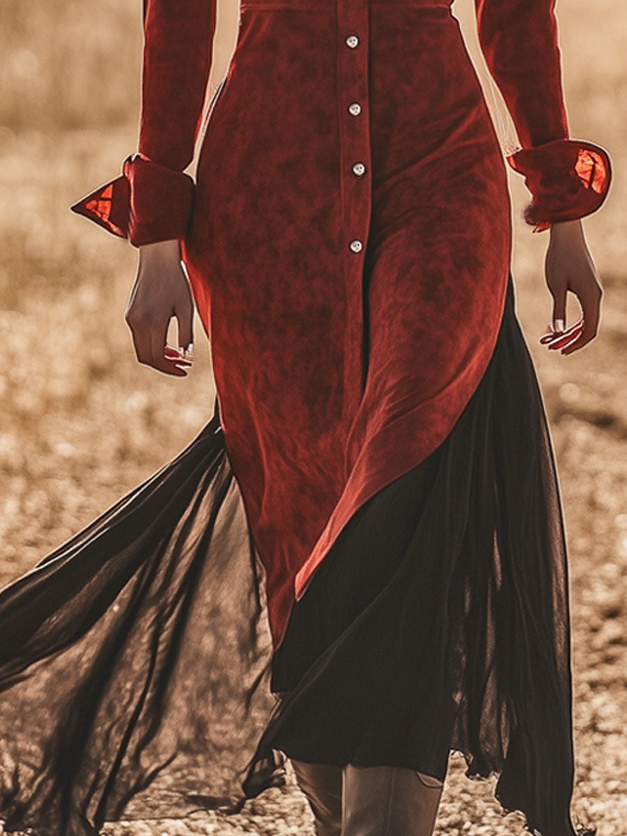 Western Retro Red Suede Skirt Spliced Chiffon Midi Dress