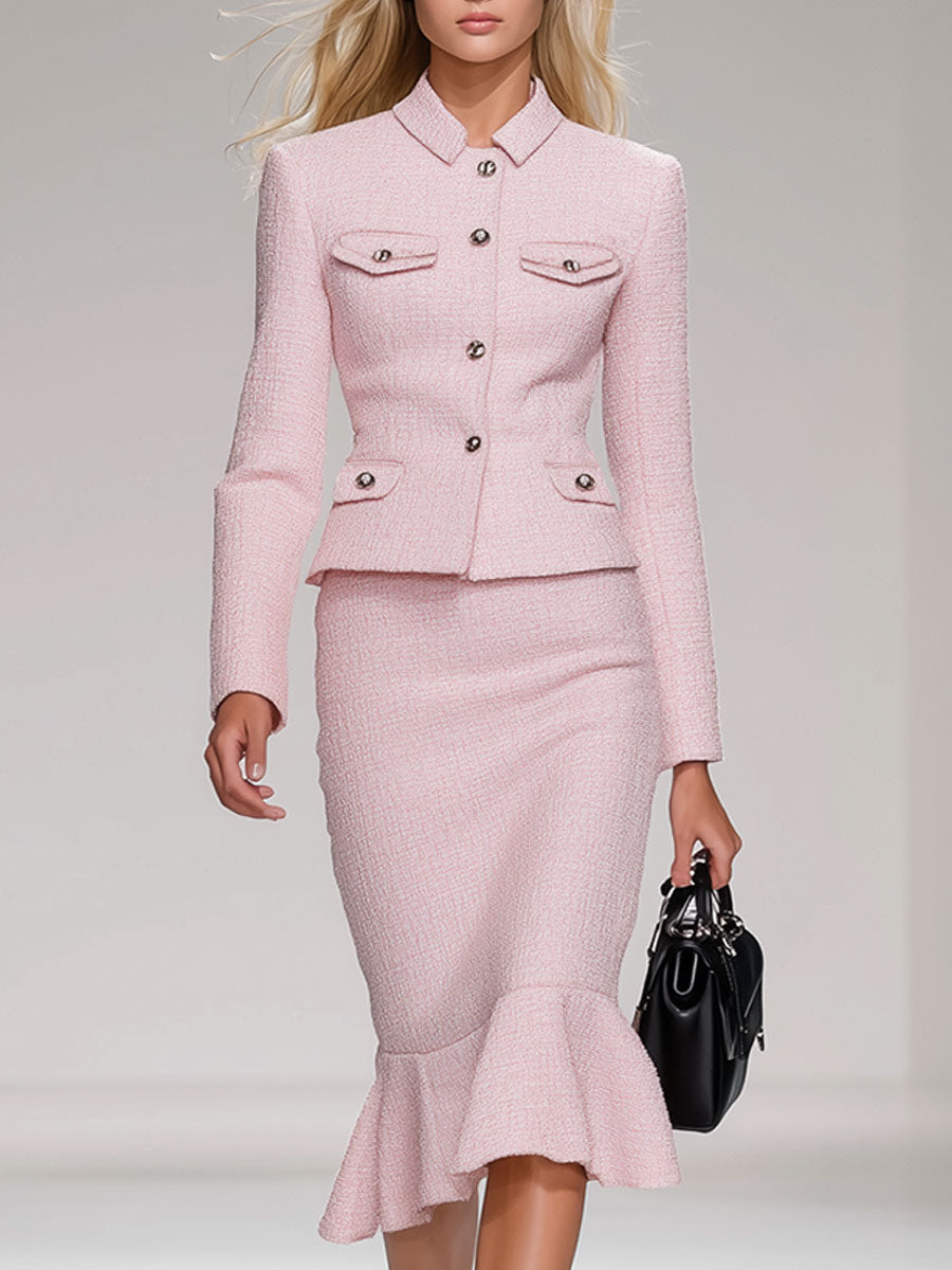 Exquisite Vintage Pink Tweed Jacket And Midi Skirt Set