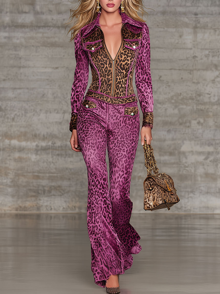 Fashion Retro Purple And Brown Leopard Print Lapel Long-Sleeved Jumpsuit