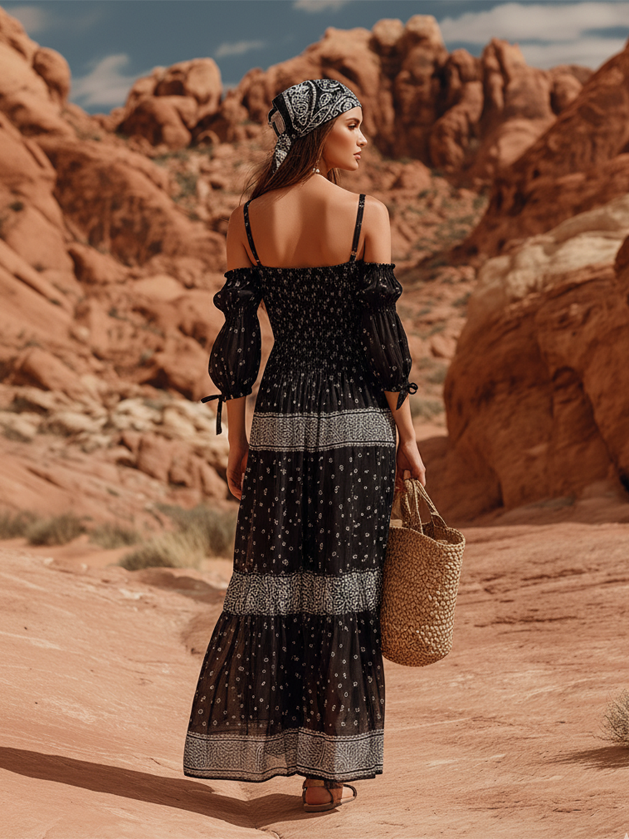 Romantic Vacation Style Short-sleeved Thin-strapped Black Floral Chiffon Maxi Dress