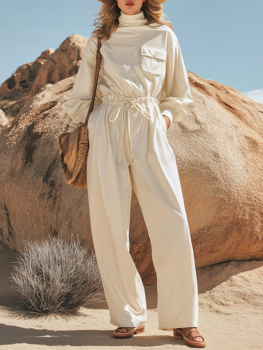 Resort-style Cotton Turtleneck Long-sleeved Trouser Set