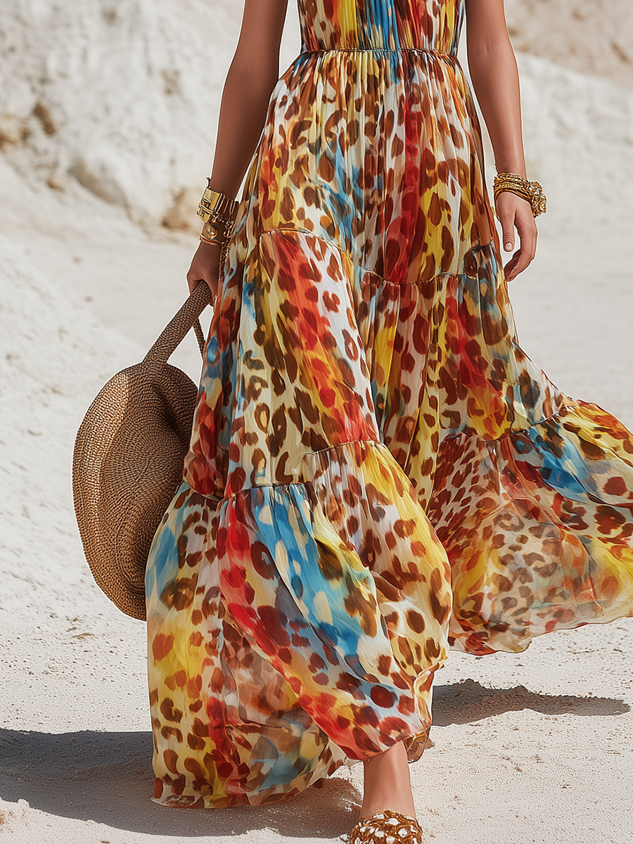 Wild And Colorful Leopard Print Sleeveless Chiffon Maxi Dress