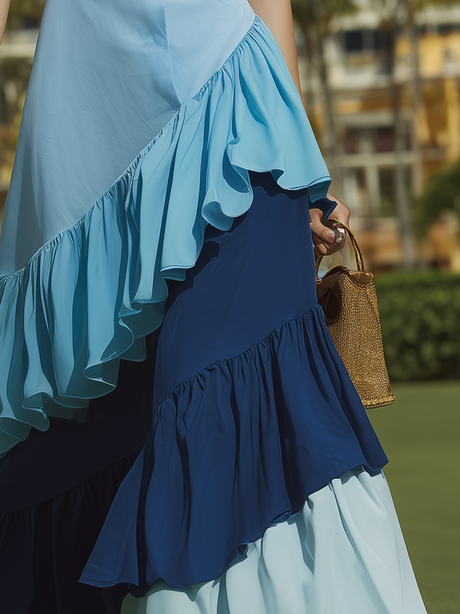 Vacation-style Cotton Short-sleeved Patchwork Maxi Dress