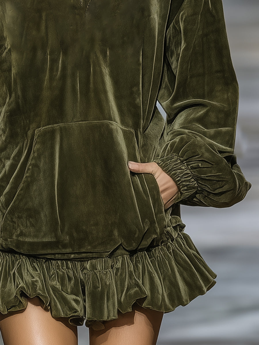 Leisure Sports Ruffle-trimmed Army Green Velvet Hooded Mini Dress