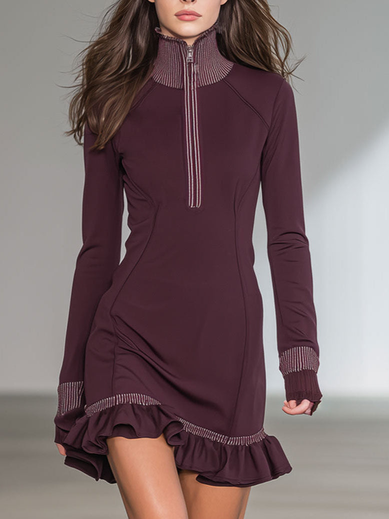 Casual Sports Burgundy Stand-Up Collar Striped Ruffled Long-Sleeved Mini Dress