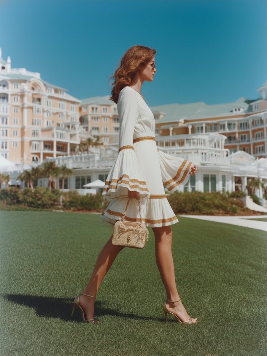 Vacation-style Cotton Long-sleeved Mini Dress