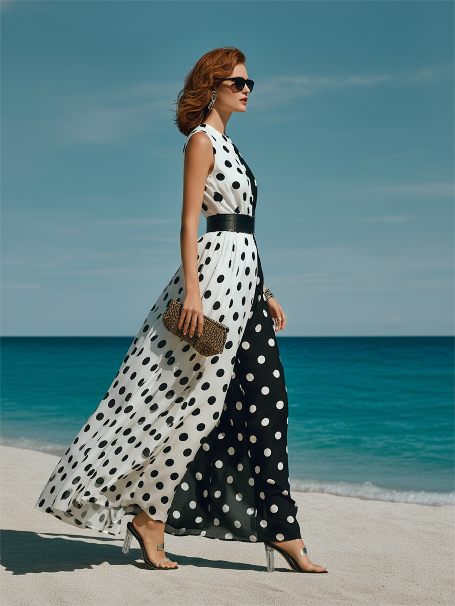 Round-neck Sleeveless Polka-dot Maxi Dress