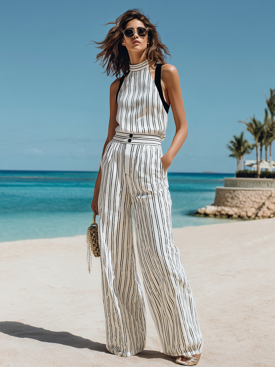 Vacation-style Off-the-shoulder Striped Set