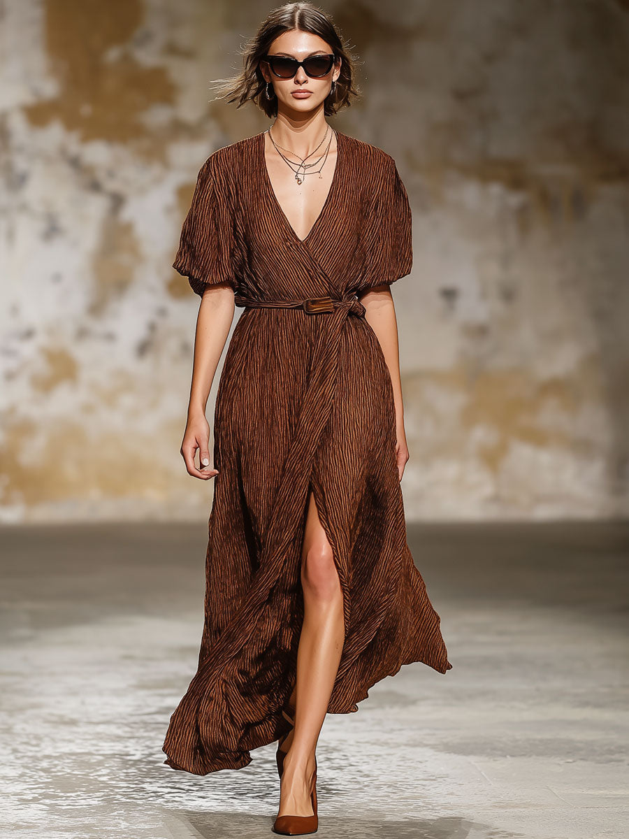 Retro V-Neck Chocolate Texture Wrinkled Lace-Up Short-Sleeved Maxi Dress