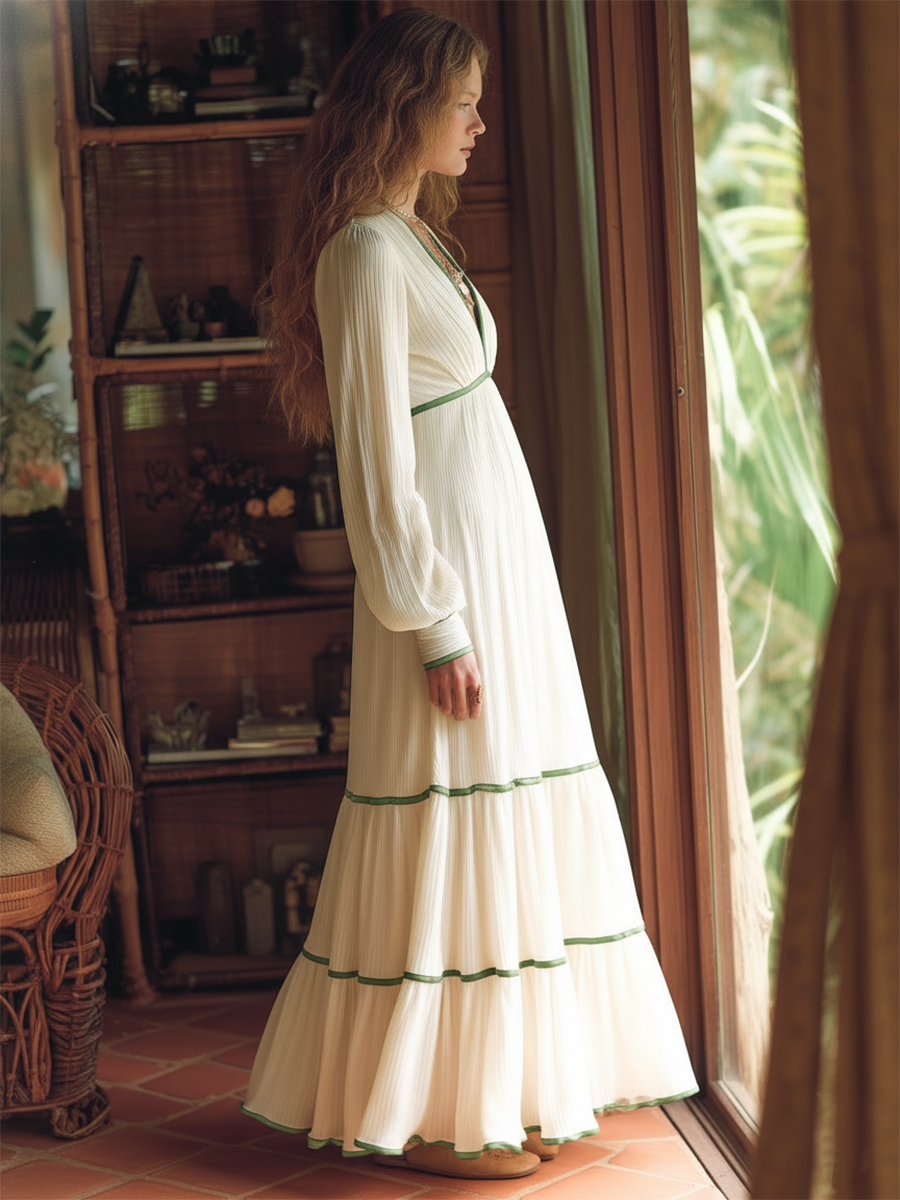 White Bohemian Style V-neck Cotton Crinkle Fabric Long-sleeved Maxi Dress