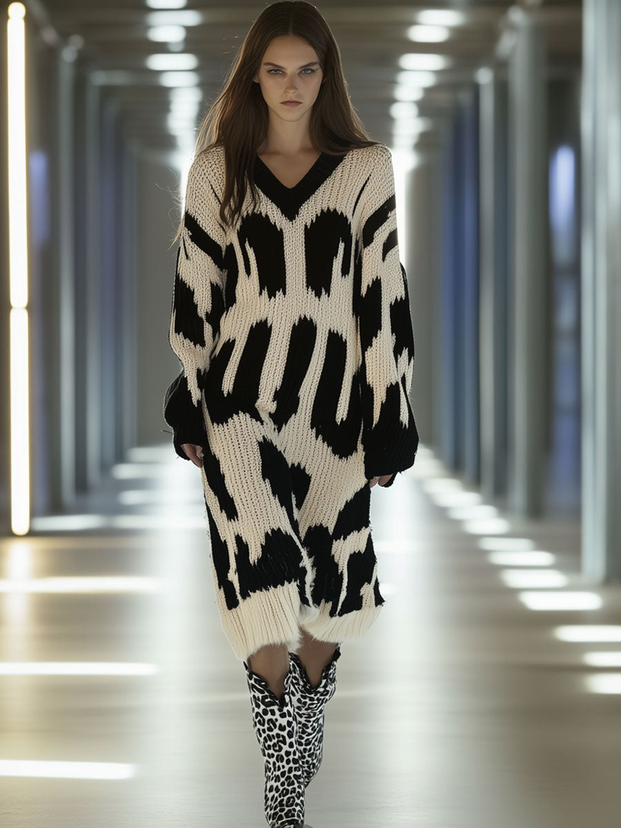 Retro Casual Loose Black Letter Knitted V-Neck Midi Dress