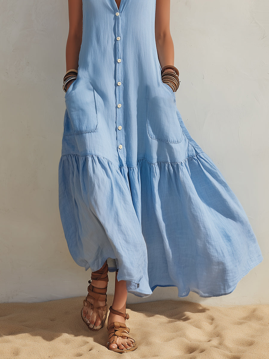 Bohemian Light Blue Cotton Linen Front Button Sleeveless Midi Dress