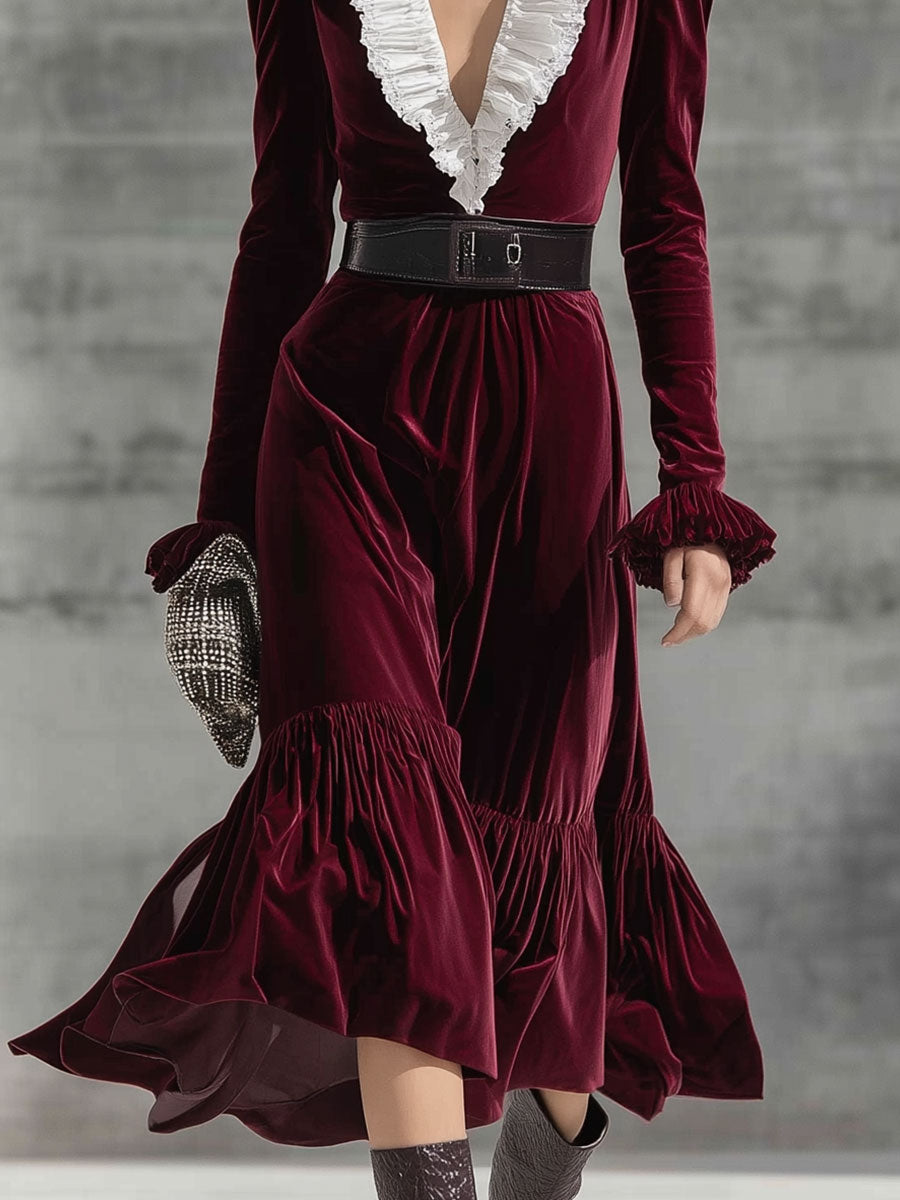 Fashion Retro Burgundy Velvet Dress