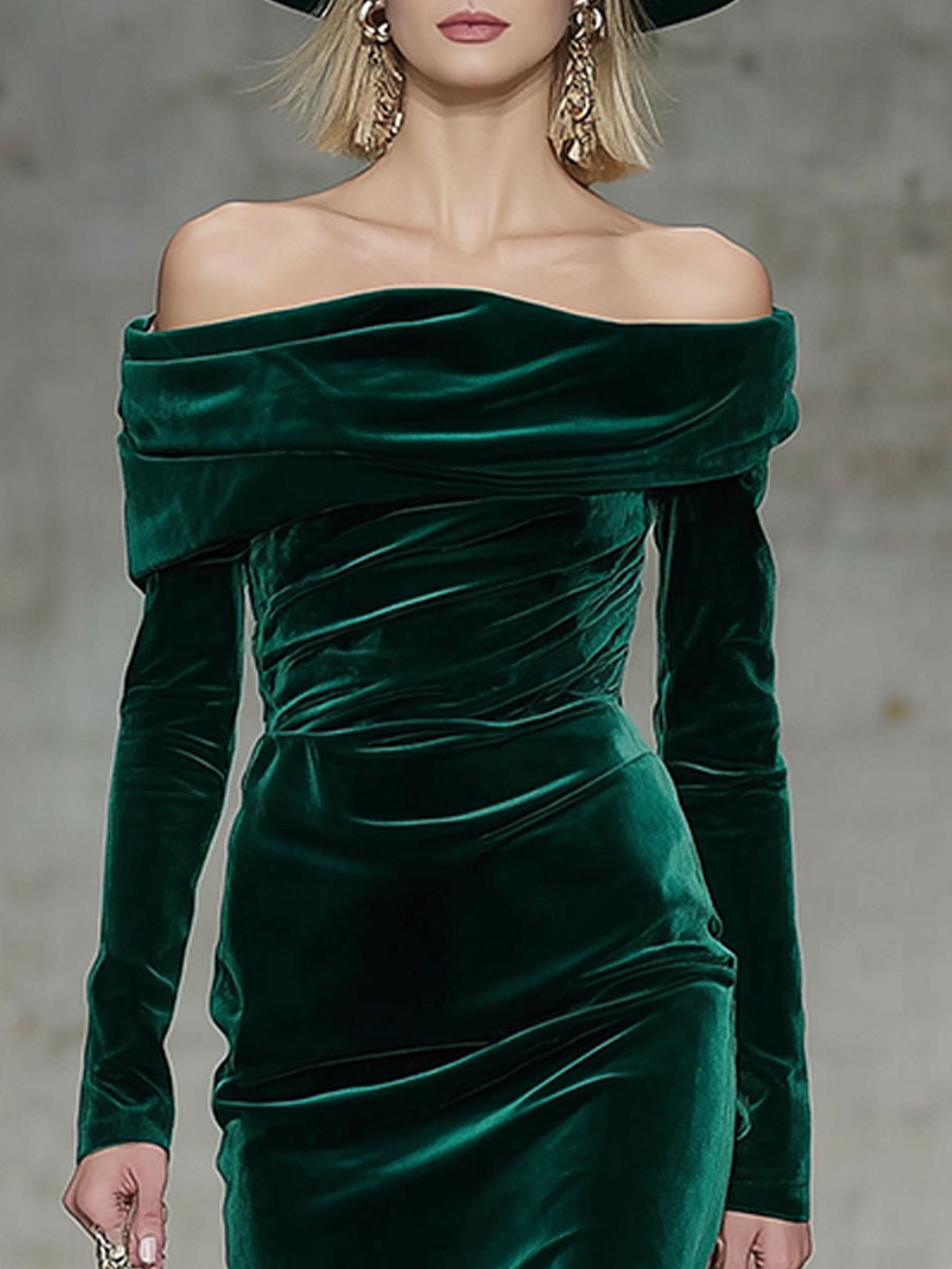 Fashion Party Off-The-Shoulder Green Velvet Long-Sleeved Midi Dress