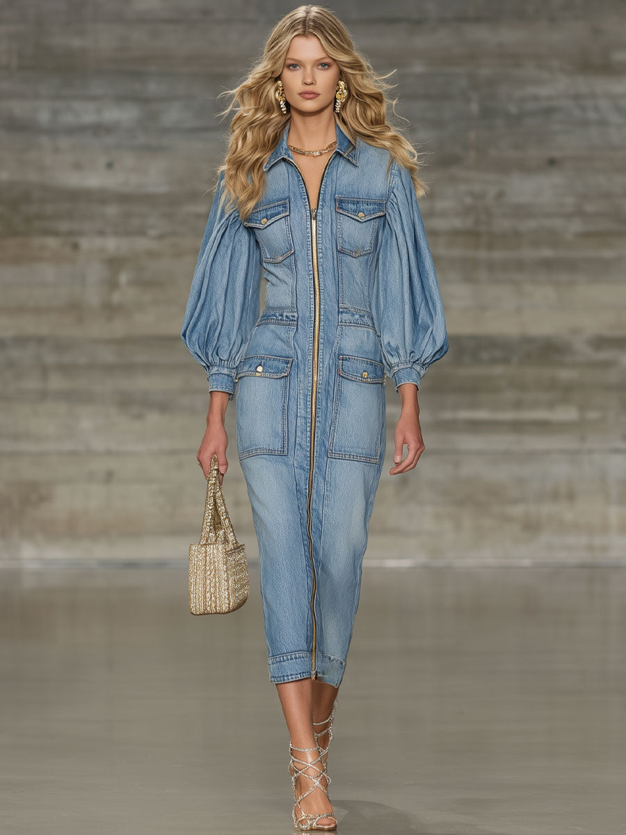 Fashionable Urban Casual Light Blue Washed Denim Lapel Lantern Sleeve Midi Dress