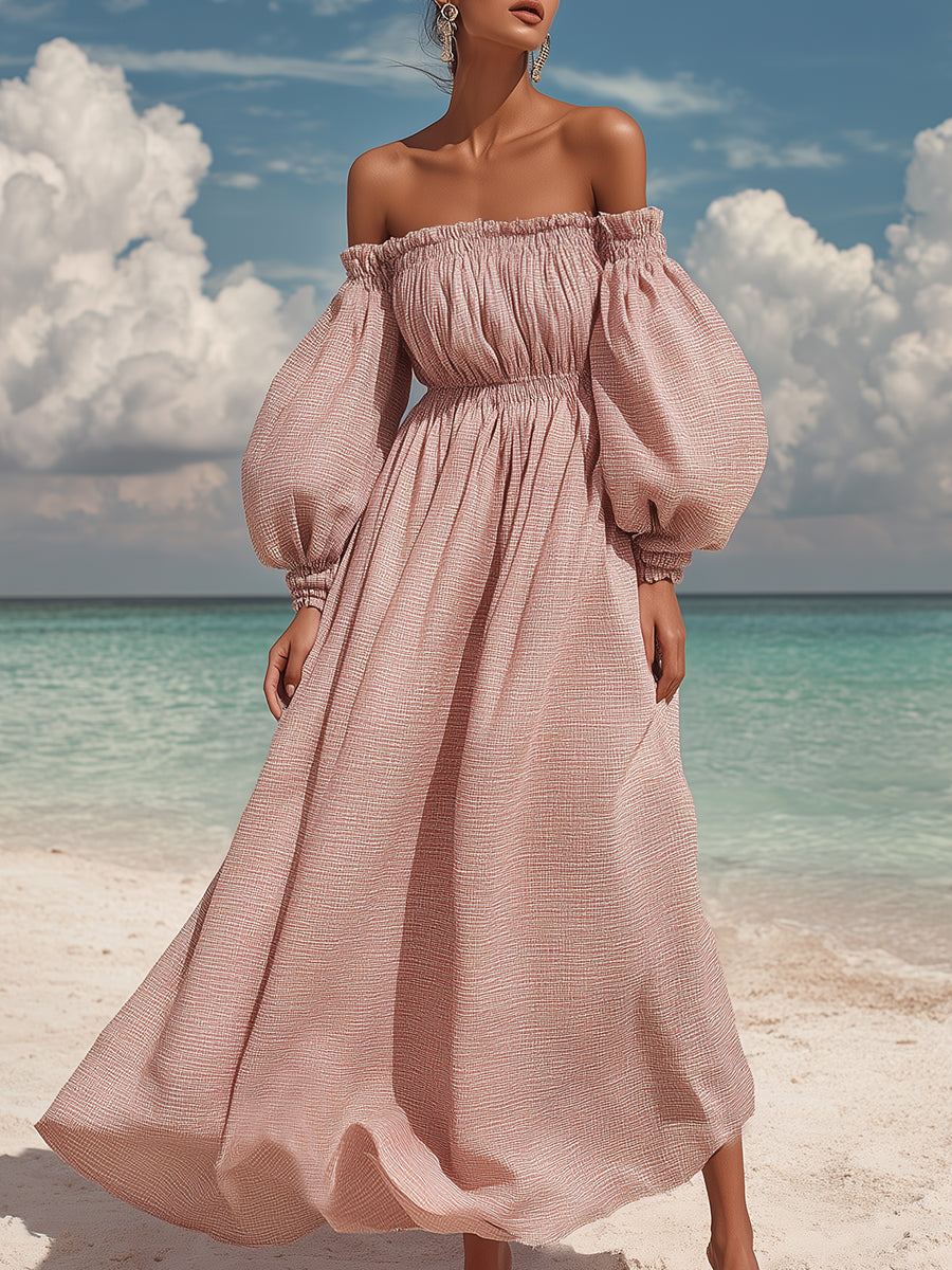 French Romantic Dusty Rose Pink Off-shoulder Puff Sleeve Midi Dress