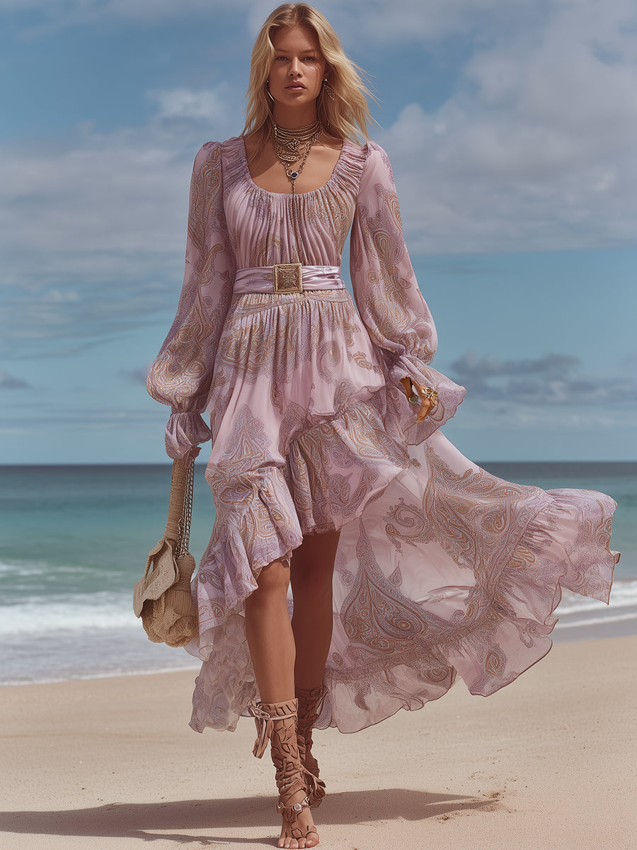 Bohemian Resort Style Light Pink Chiffon Floral Print Irregular Hem Maxi Dress