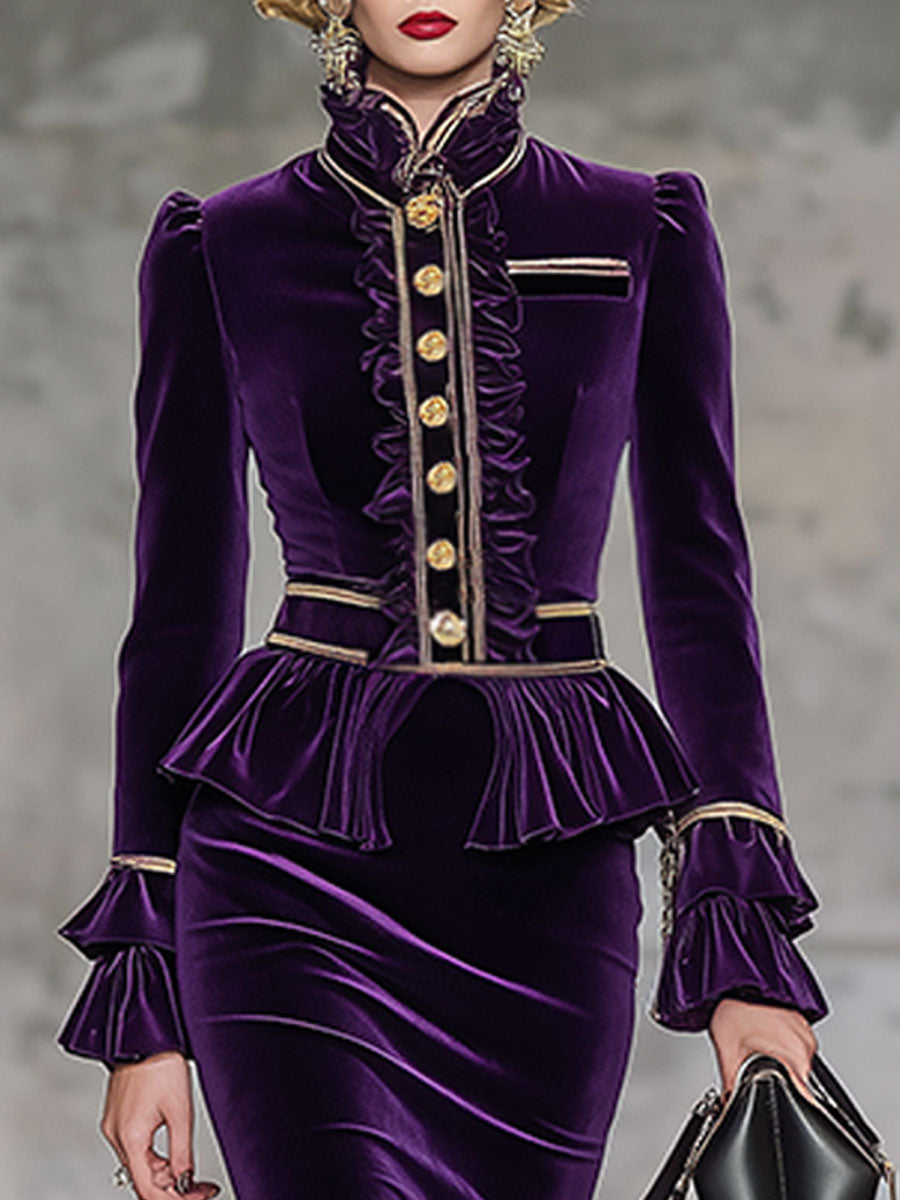 High-End Retro Purple Velvet Midi Skirt Suit