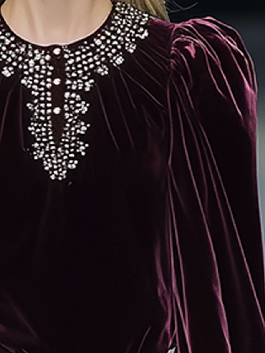 Casual Loose Retro Wine Red Velvet Long-Sleeved Shirt
