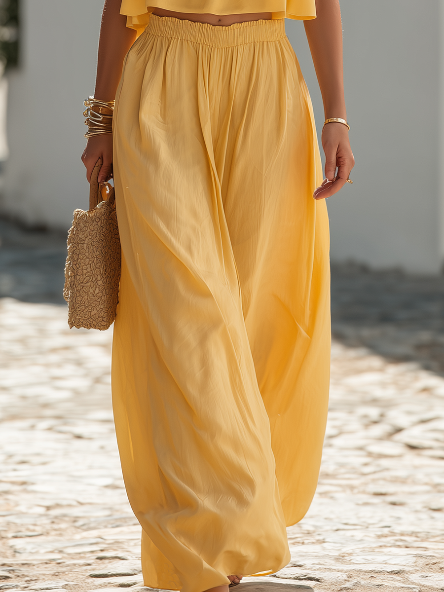 Vacation-style Yellow Cotton Sleeveless Top And Trousers Set