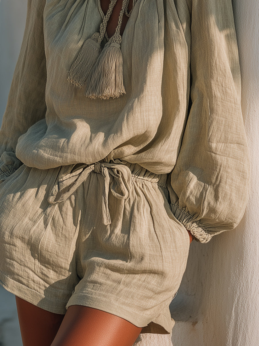 Bohemian Grey-green Cotton Linen Tie-up Tassel Lantern Sleeve Top And Shorts Set