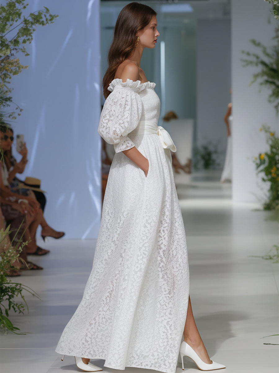 Elegant Bohemian Bow-Waisted White Lace Off-Shoulder Maxi Dress