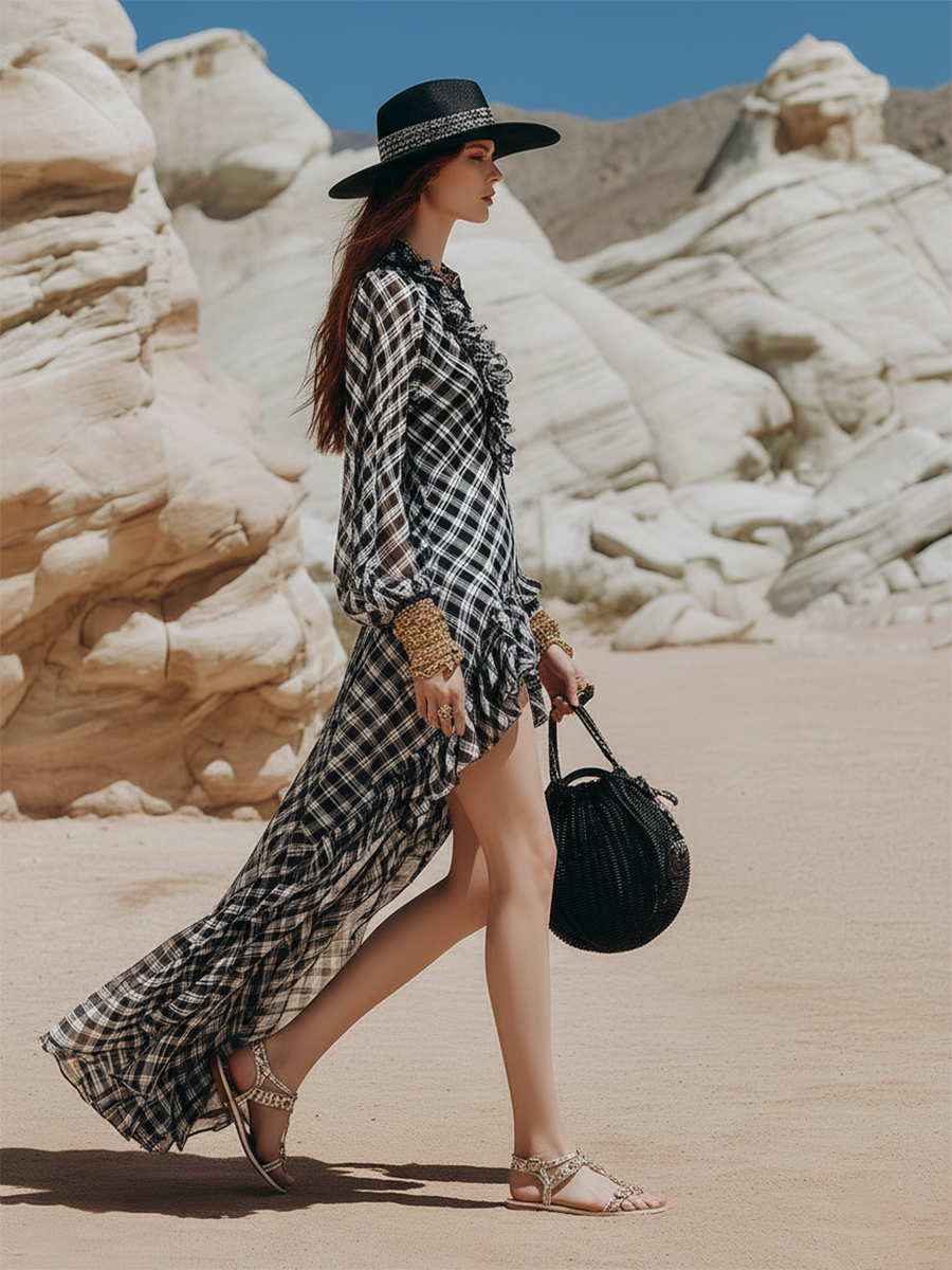 Vacation-style, High-low Hem Ruffled Checkered Chiffon Maxi Dress