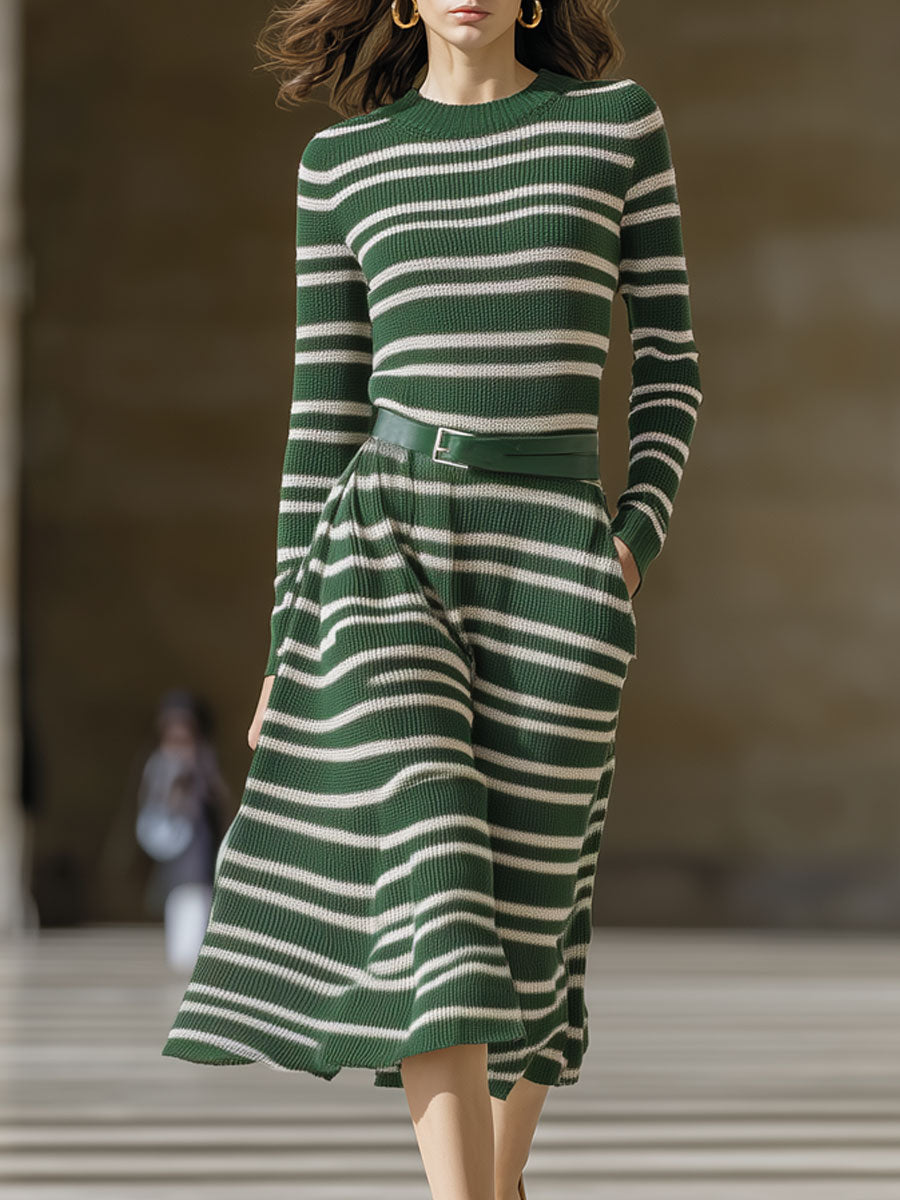Vintage Green And White Striped Knitted Long-Sleeved A-Line Midi Dress