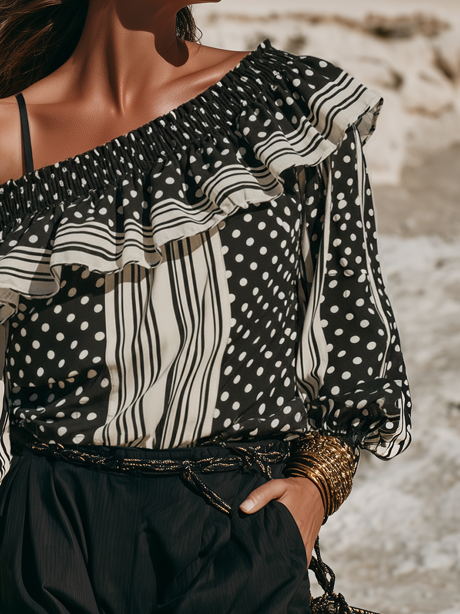 Stylish And Sophisticated Polka Dot And Stripe Patchwork Ruffle Blouse