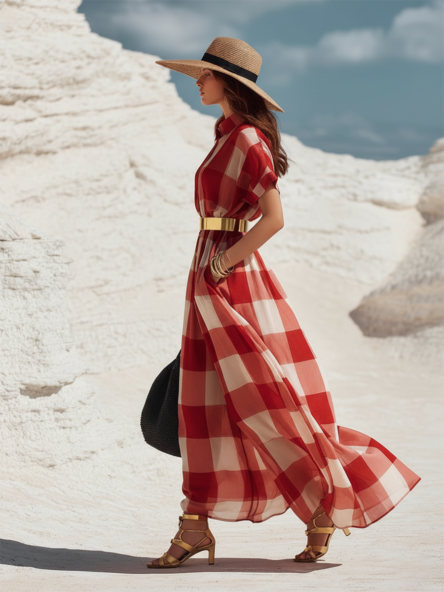 Casual And Summery Red And White Checkered Short-sleeved Maxi Dress