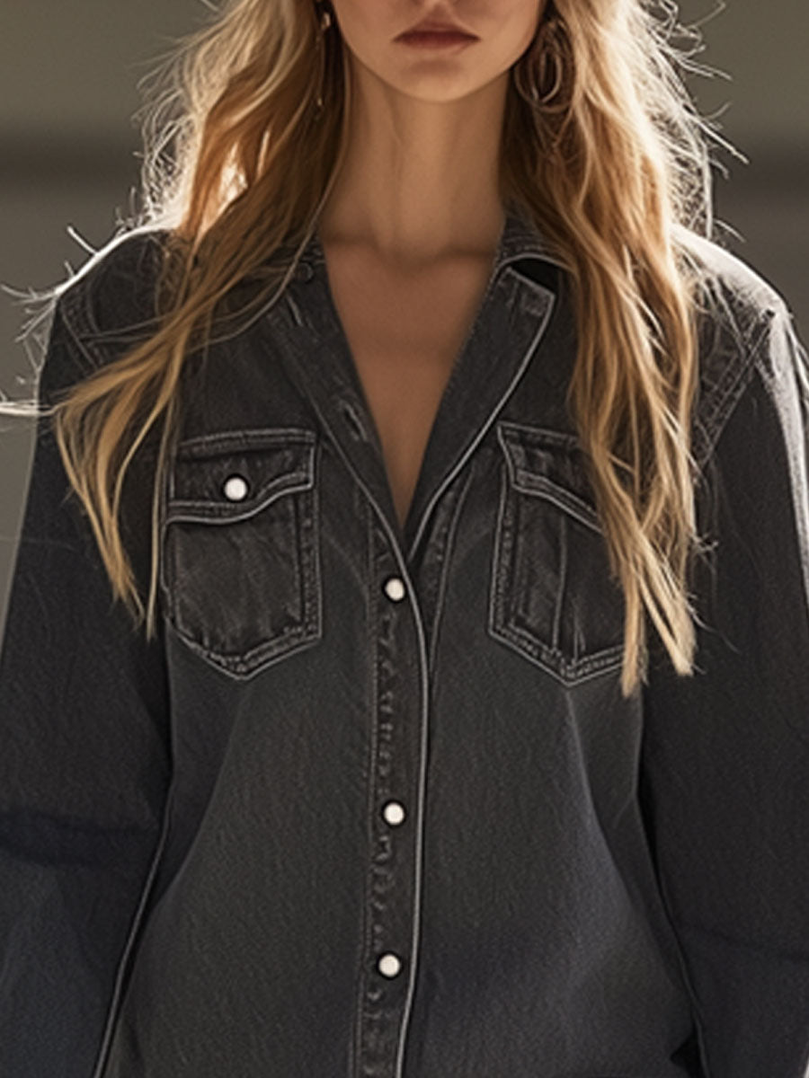 Vintage Casual Loose Gray Denim Long Sleeve Raw Edge Mini Dress