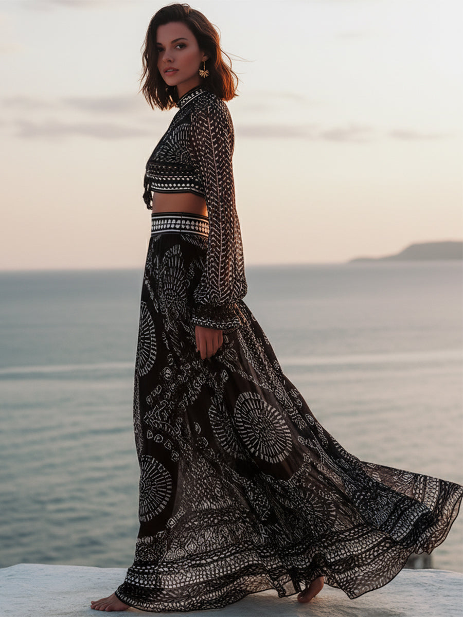 Bohemian Vacation Style Black And White Geometric Print Chiffon Long-sleeved Cropped Top And Slit Skirt Set