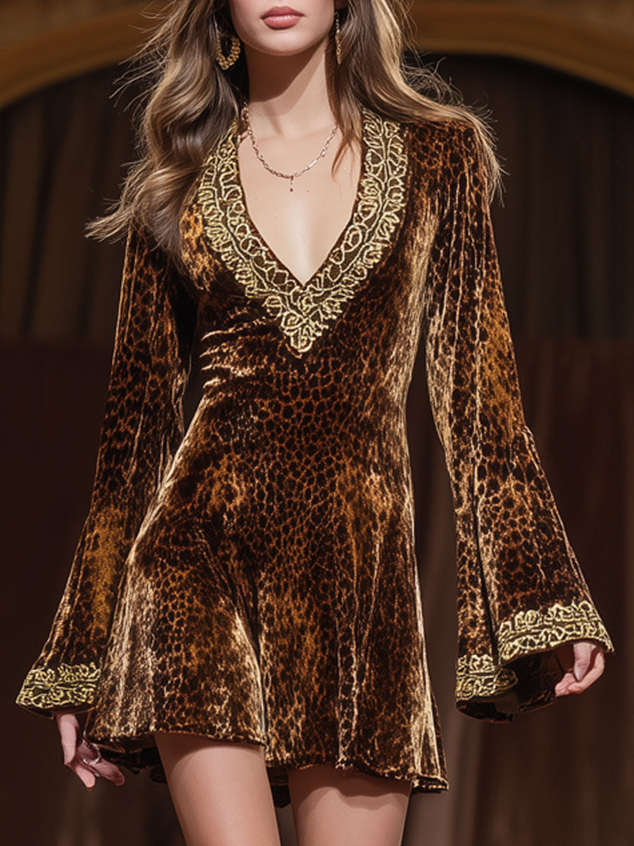 Vintage Gold Trim Brown Velvet Leopard Print Flared Long Sleeve Mini Dress